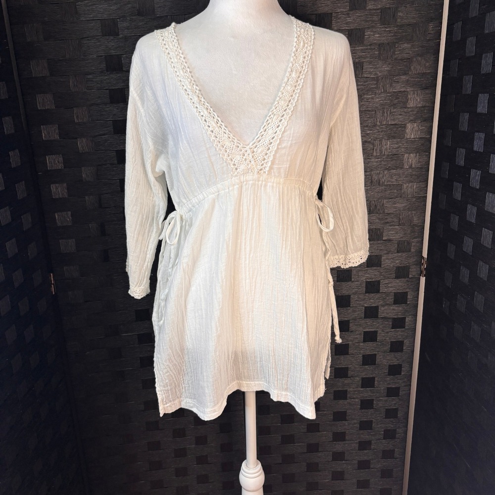 Absolutely Tunic Top Cover-up Women S White Cotton Gauze Crochet Lace Boho Beach